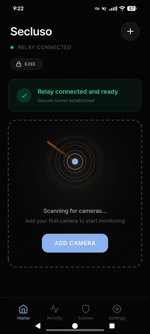 Home tab showing and option for adding a camera