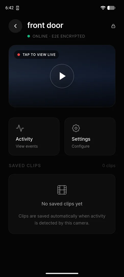 Front door camera screen with Tap to view live and saved clips