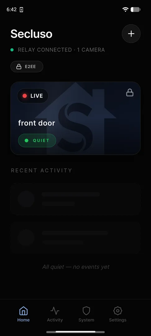 Camera Paired screen: front door, Connected, E2EE Active