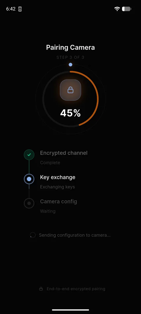 Pairing progress at 45%: encrypted channel complete, key exchange in progress