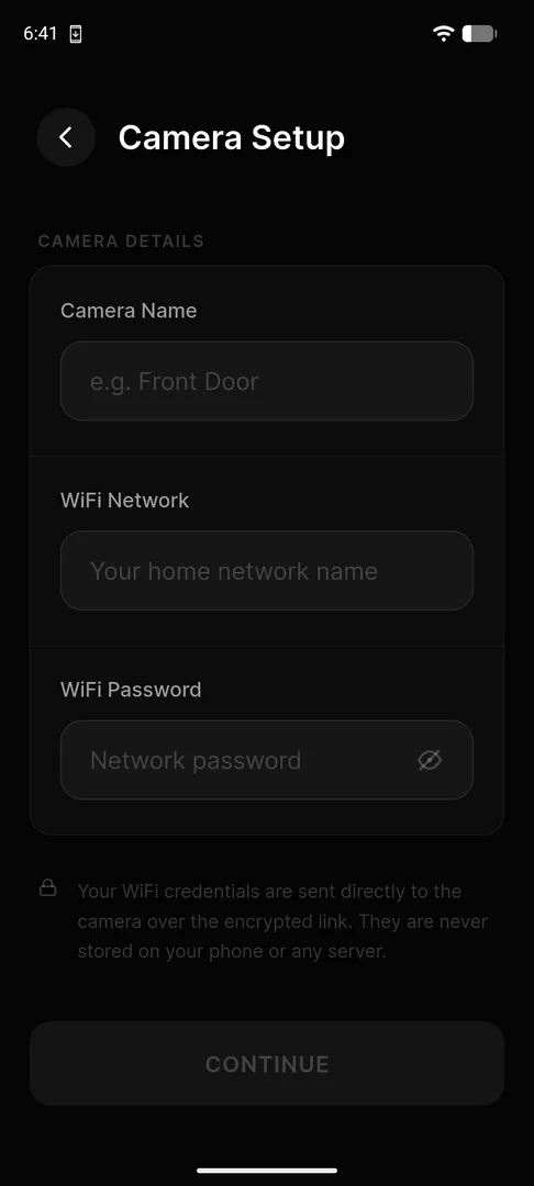 Camera Setup form: Camera Name, Wi-Fi Network, Wi-Fi Password