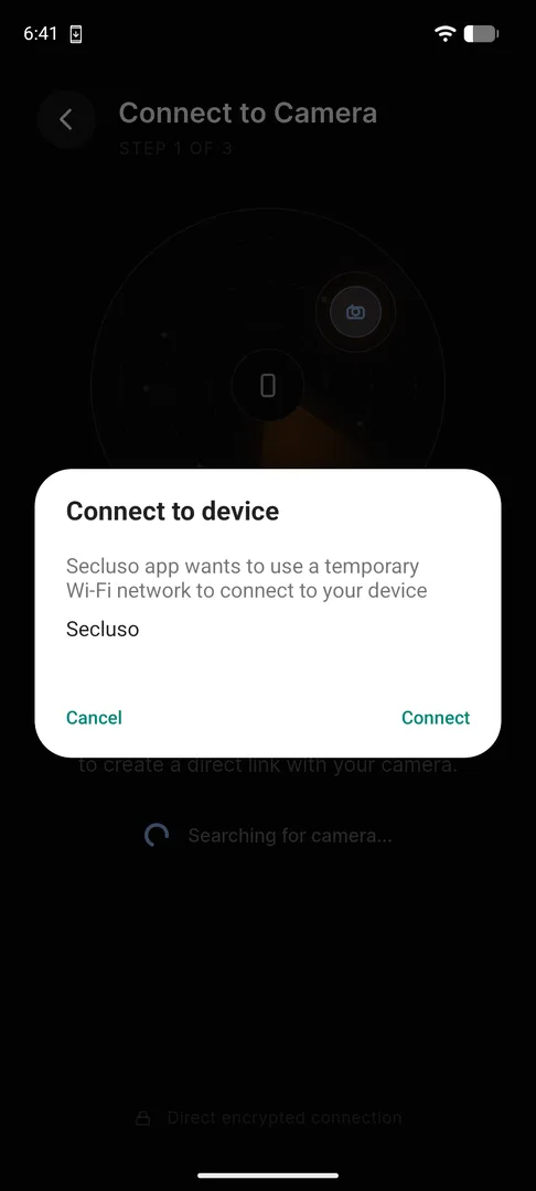 Connect to device: temporary Wi-Fi network named Secluso
