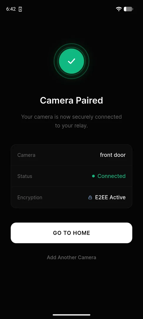 Home screen showing relay connected, one camera, front door live tile