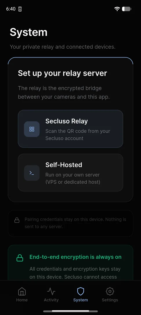 System tab showing Secluso Relay and Self-Hosted options