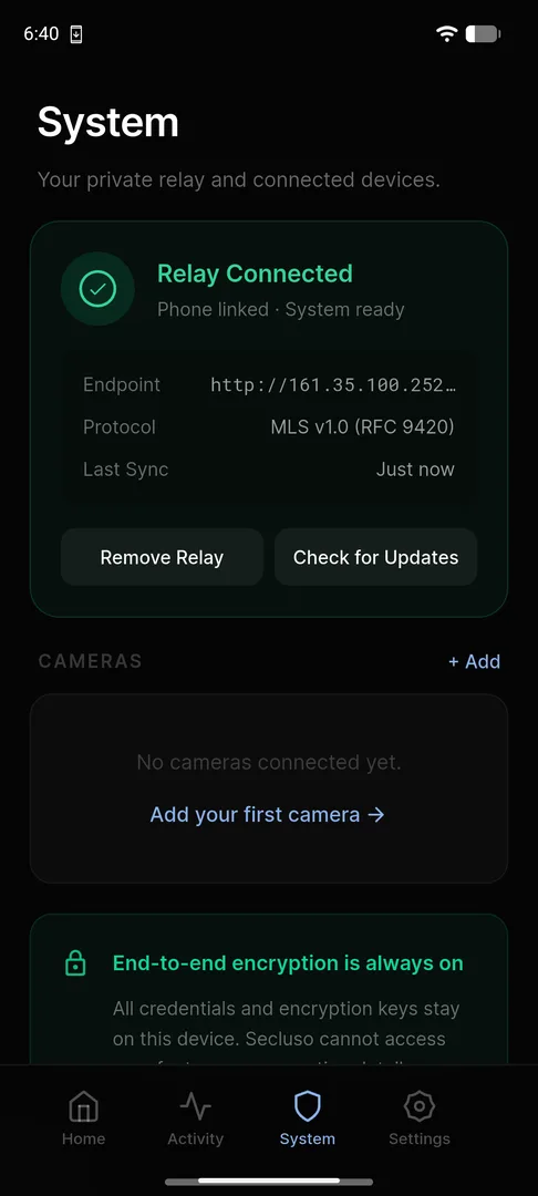 System tab showing "Relay Connected" with endpoint and protocol details
