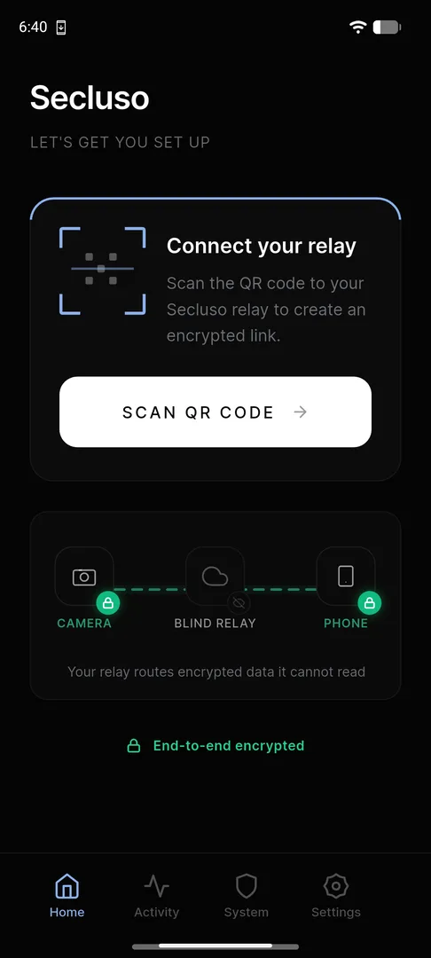 Home screen with the "Connect your relay" card and Scan QR code button