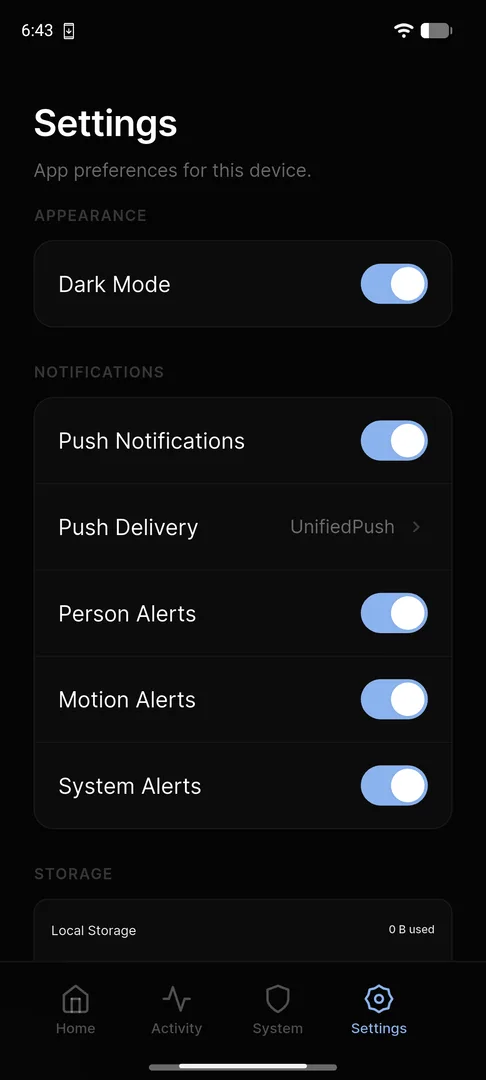 Settings screen: Dark Mode, Push Notifications, Person/Motion/System alerts